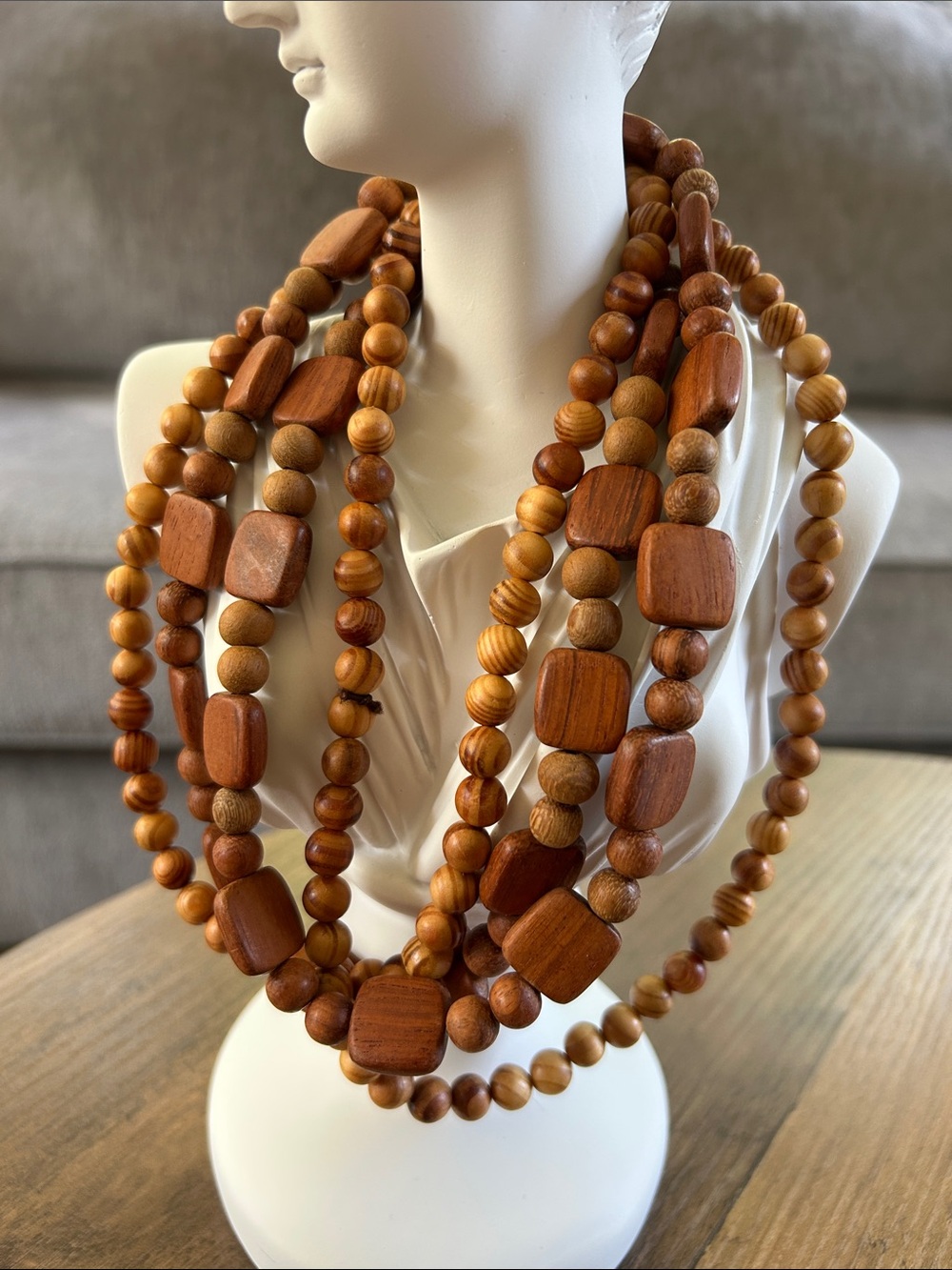 Handcrafted Wooden Bead Statement Necklaces in Warm Brown